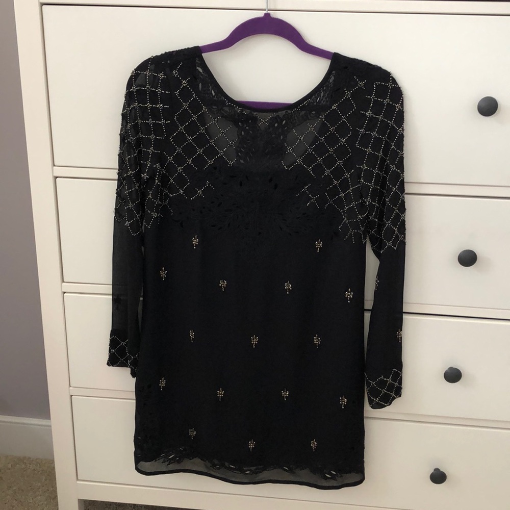 Free People long sleeve beaded black shift dress